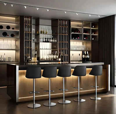 A sophisticated home bar area with custom shelving and lighting.