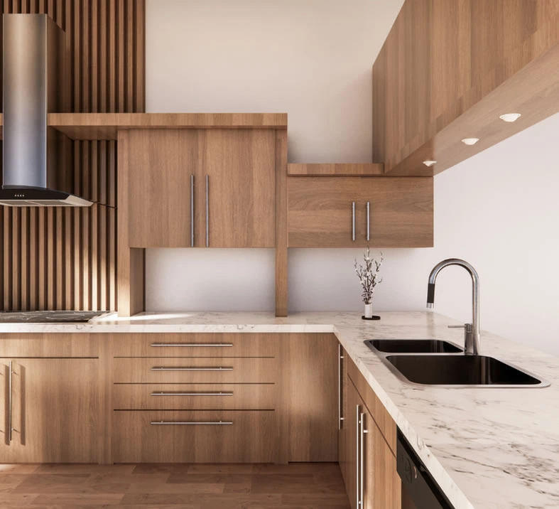 Close-up of a perfectly joined custom cabinet corner, showing quality craftsmanship.